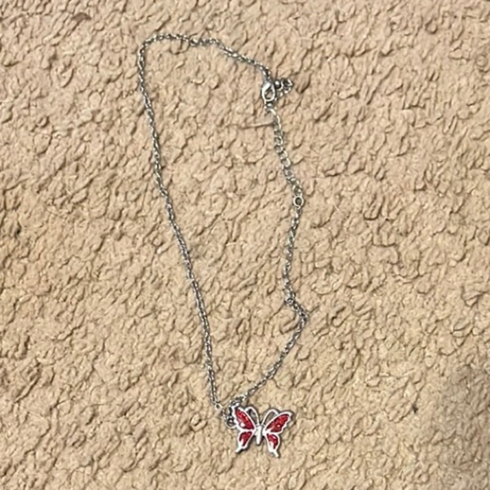 Silver Butterfly Necklace with Red Accents
